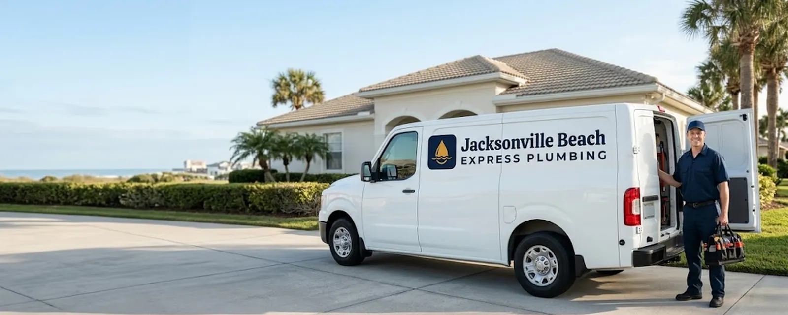 Jacksonville Beach Express Plumbing van parked at a coastal Florida home with a plumber holding a tool bag