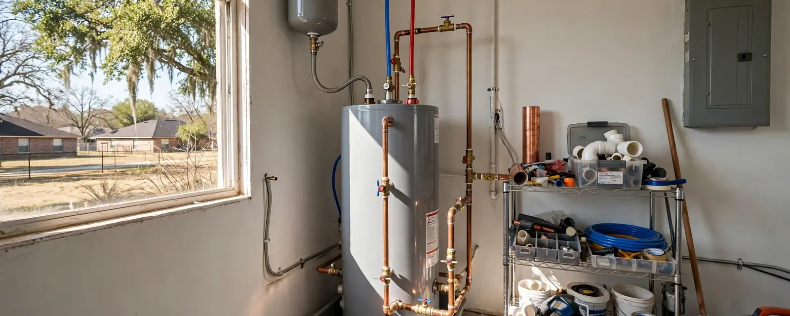 Tank water heater set up in a utility room with copper supply lines