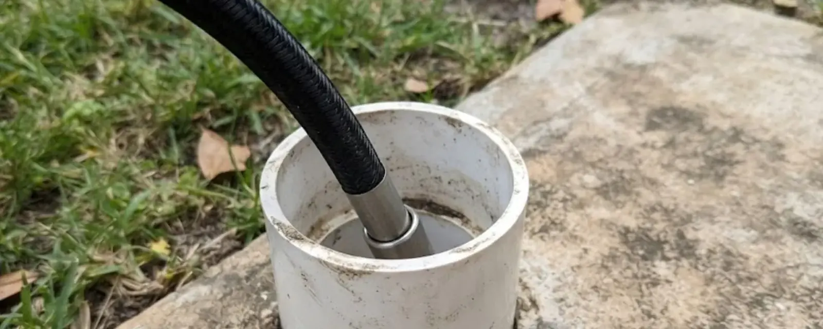 Jetter hose running into a cleanout pipe in a yard