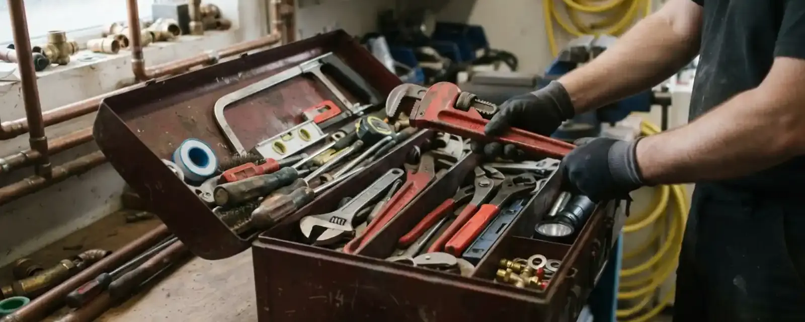 Open toolbox of wrenches and pipe fittings on a workbench
