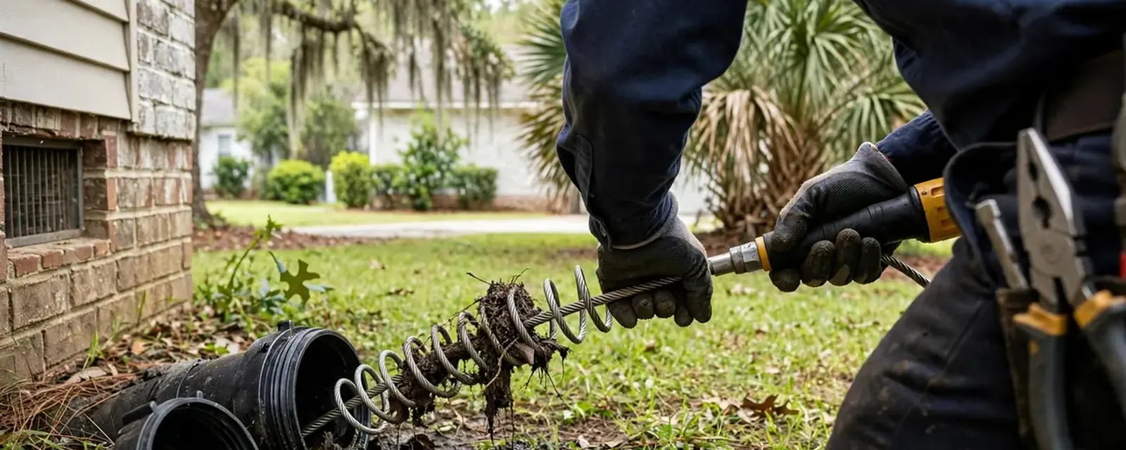 Plumber pulling a drain cable from a cleanout in a yard