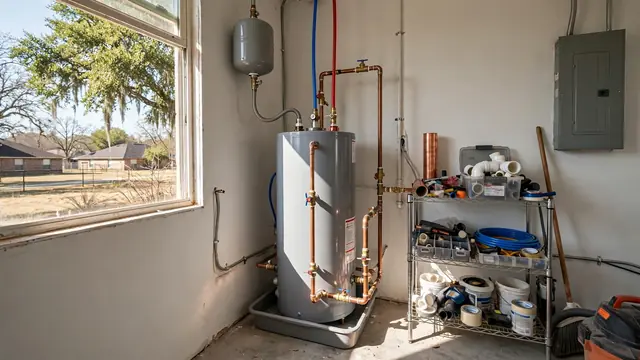 Tank water heater set up in a utility room with copper supply lines