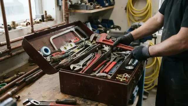 Open toolbox of wrenches and pipe fittings on a workbench