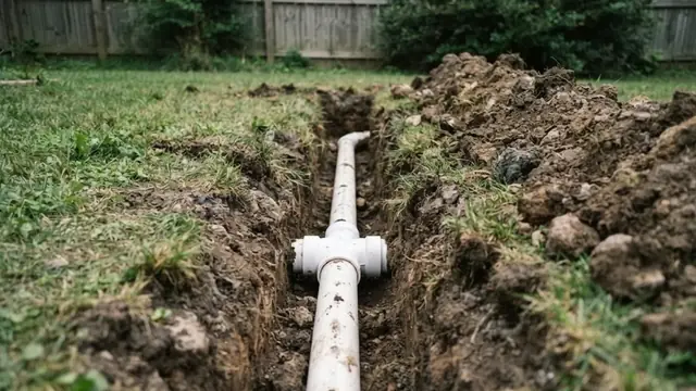 Open trench with a sewer line exposed in a yard