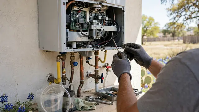 Technician working on the gas and water connections of a wall mounted tankless water heater
