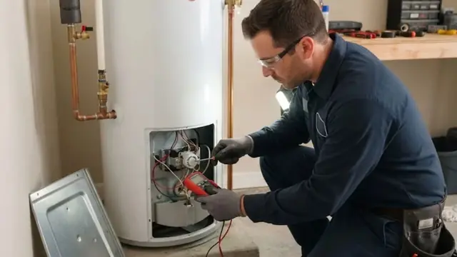 Technician testing the controls of a water heater with a meter