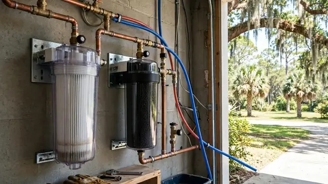 Whole home water filters mounted on a wall with copper and PEX lines