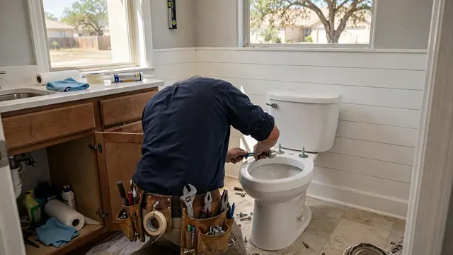 Plumber with a tool belt working on a toilet in a bathroom