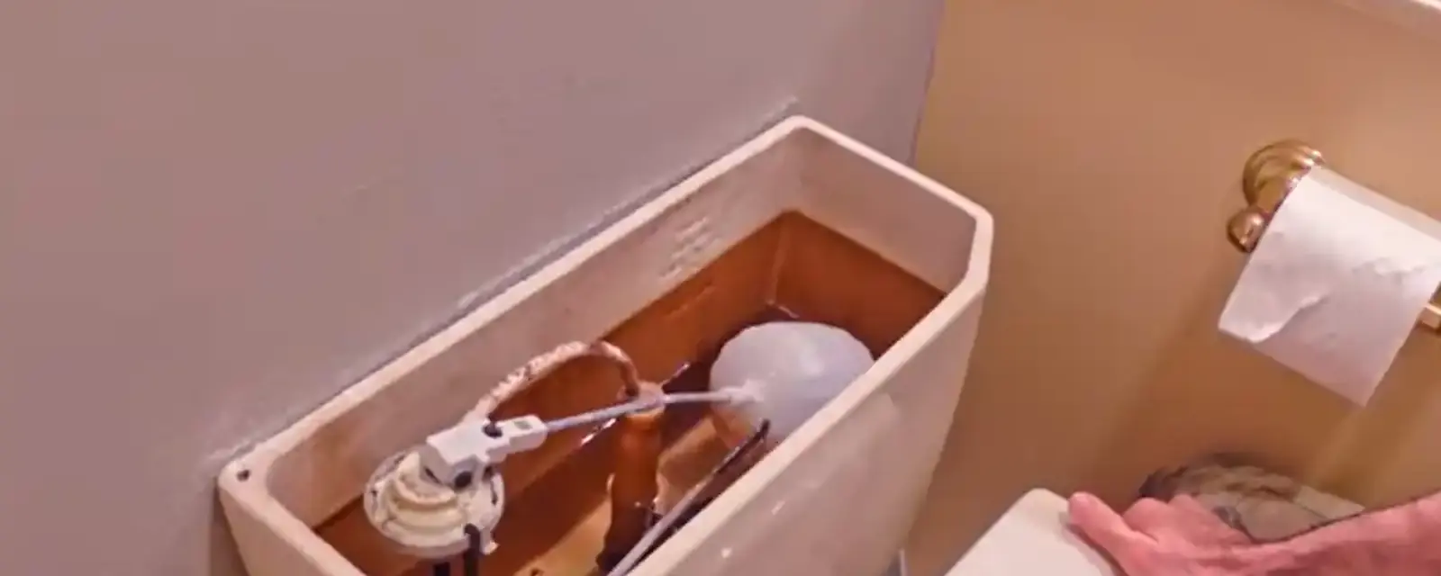 Open toilet tank showing the flapper chain and fill valve