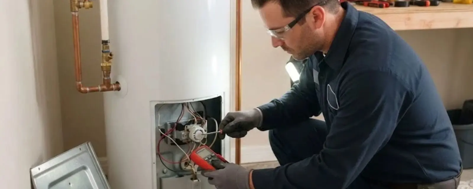 Technician testing the controls of a water heater with a meter