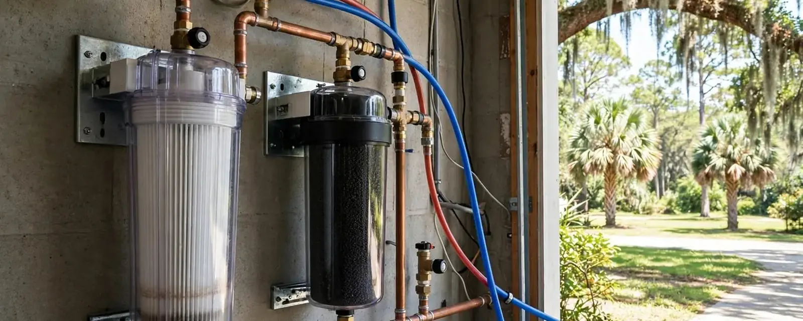 Whole home water filters mounted on a wall with copper and PEX lines